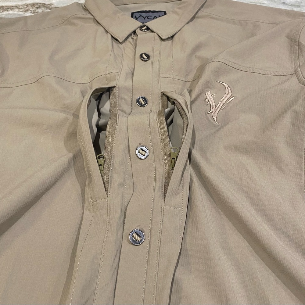 Vycah Men's XL Trophy Tee Hunting Shirt Khaki Nylon Spandex Vented - Picture 10 of 13